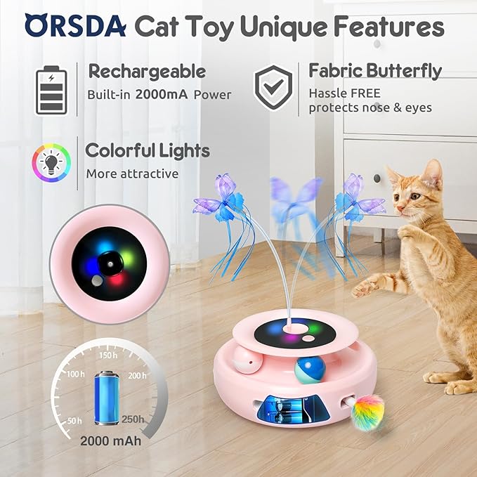 ORSDA Cat Toy, 3-in-1 Automatic Cat Toys for Indoor Cats, Electronic Whack a Mole, Fluttering Butterfly,Track Balls Kitten Toy, Rechargeable Power Interactive Feather Toys for All Breeds - PAWPICO