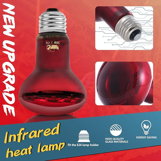 LUCKY HERP Infrared Heat Lamp 50W 2 Pack,Reptile & Amphibian Basking Spot Light Bulbs, Red Heat Lamp Bulbs for Reptiles, Bearded Dragon, Turtle, Lizard, Snake, Chicken LUCKYHERP