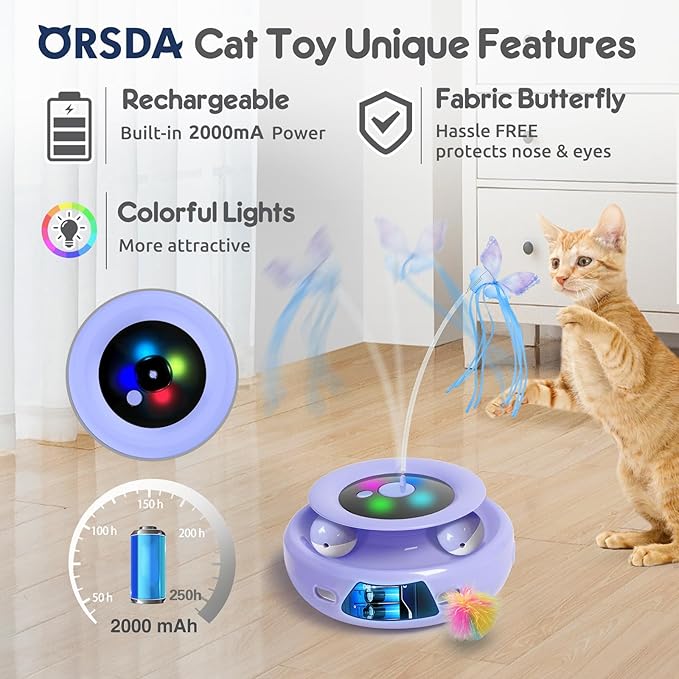 ORSDA Cat Toy, 3-in-1 Automatic Cat Toys for Indoor Cats, Electronic Whack a Mole, Fluttering Butterfly,Track Balls Kitten Toy, Rechargeable Power Interactive Feather Toys for All Breeds - PAWPICO