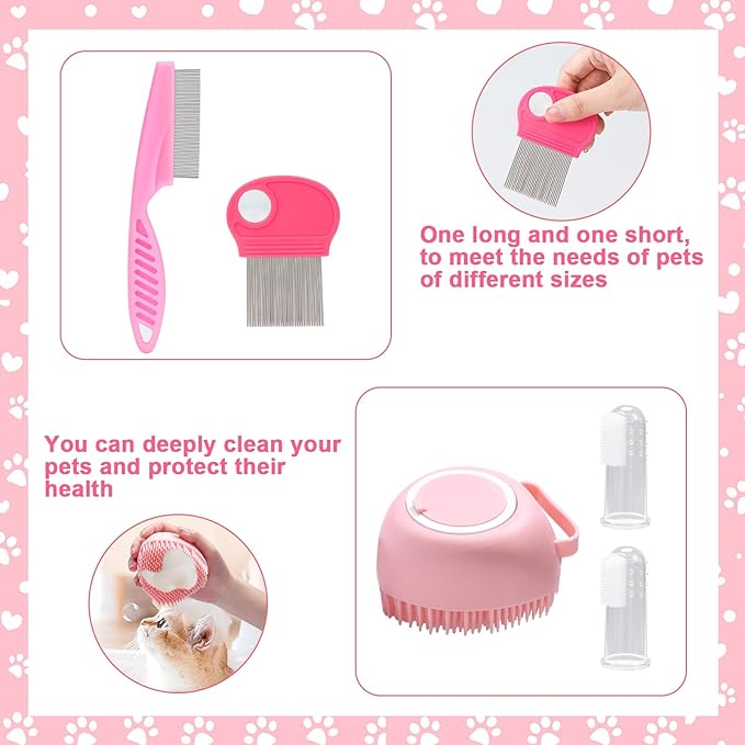 VCZONE 8 Pcs Cat Brush Grooming Kits, Pet Self Cleaning Kit with Pet Nail Clipper and File, Flea Comb, Pet Shampoo Bath Brush, Pet Shedding Brush, Silicone Toothbrush (Pink) - PAWPICO