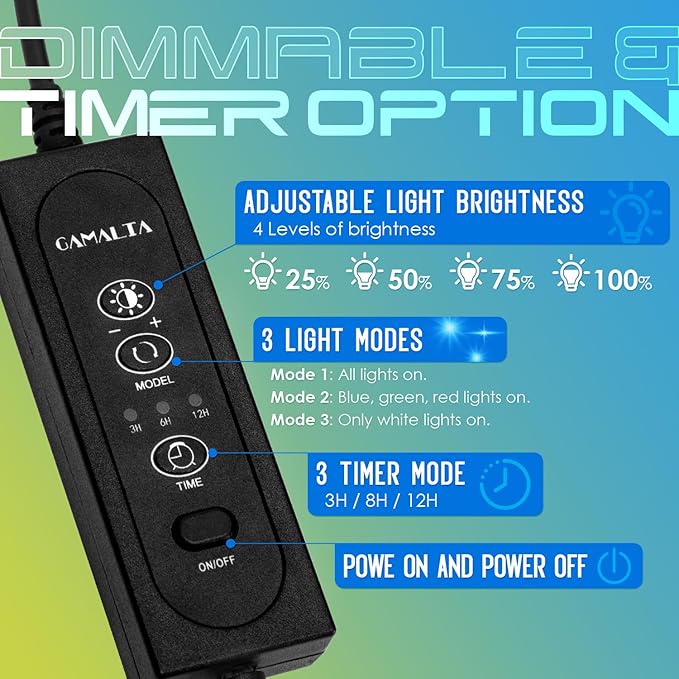 Aquarium Light,Full Spectrum Aquarium Light with Expandable Bracket,White Blue Red Green LEDs, Adjustable Timer and Brightness for 18~24IN Fish Tank GAMALTA
