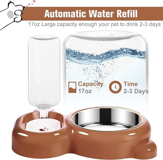 Dog Bowls, Cat Food and Water Bowl Set with Water Dispenser and Stainless Steel Bowl for Cats and Small Dogs - Brown - PAWPICO