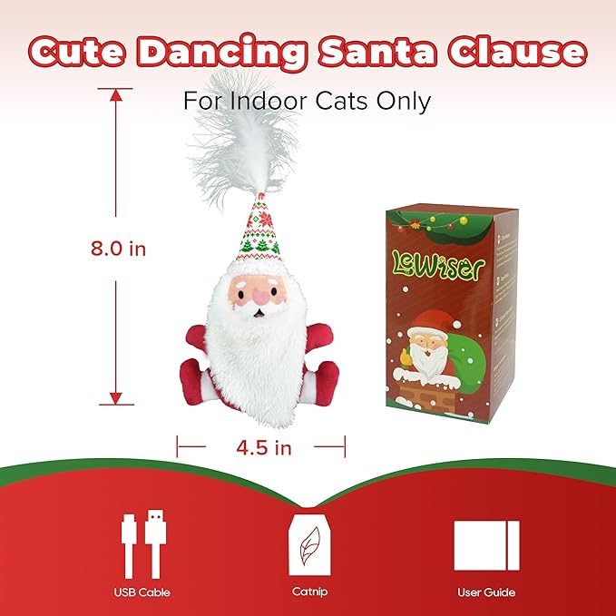 LEWISER Cat Toys, Rechargeable Intelligent Swinging Santa Clause, Suitable for Cat Teaser Stick, Interactive Christmas Cat Toys for Indoor Cats Chase Exercise, Music Melody, 3 Modes - PAWPICO