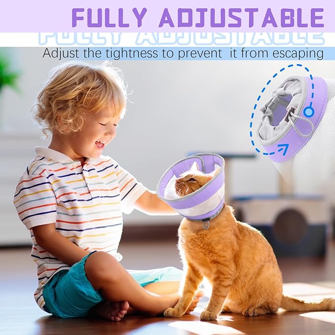 Cat Cone, Breathable Cat Cone Collar Soft, Adjustable Cat Cone to Stop Licking, Water Resistant Neck Cone for Cats with Air Mesh, Protective Cat Recovery E Collar for Cat Kitten(Purple,M-8 GoGoPaw