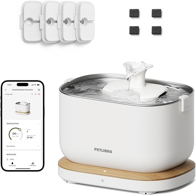 Bundle of PETLIBRO App Monitoring Cat Water Fountain with Wireless Pump, 2.5L/84oz Dockstream Pet Water Fountain for Cats Inside + 4 Packs Replacement Filters - PAWPICO