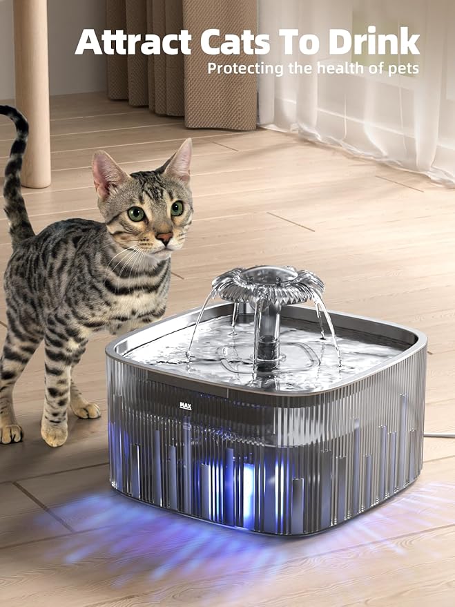 Cat Water Fountain: 75oz/2.2L Automatic Pet Water Dispenser for Cats with 304 Stainless Steel Water Tray, Musical Wave Design with LED Indicator Pet Water Fountain for Cats Inside - PAWPICO
