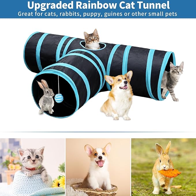 Malier Cat Toys Kitten Toys Set, Collapsible Cat Tunnels for Indoor Cats, Interactive Kitty Toys Cat Feather Toy Fluffy Mouse Crinkle Balls Cat 3 Way Tube Tunnel Toys for Cat Puppy Kitty Kitten - PAWPICO