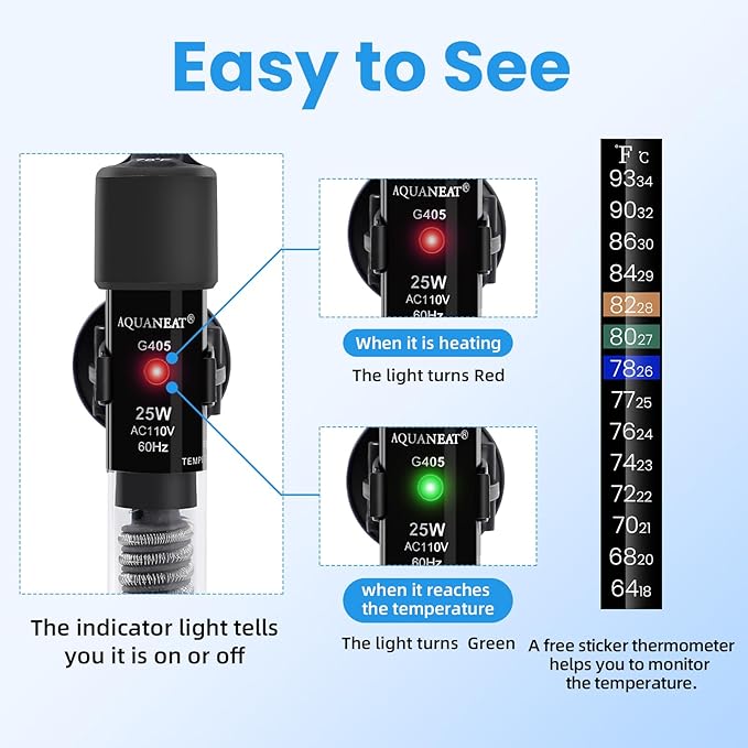 AQUANEAT Aquarium Heater, 25W Small Betta Fish Tank Heater, Mini Preset Water Thermostat with a Thermometer Aquaneat