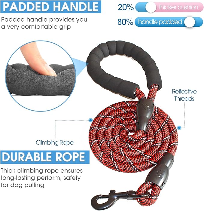 BAAPET 2/4/5/6 FT Dog Leash with Comfortable Padded Handle and Highly Reflective Threads for Small Medium and Large Dogs (5FT-1/2'', Black Red) BAAPET