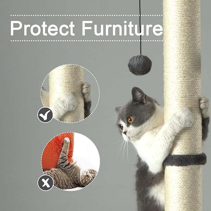 PEEKAB 32" Tall Cat Scratching Post Sisal Scratch Posts with Hanging Ball and Self-Massage Brush Vertical Scratcher for Indoor Cats and Kittens(Gray 32inches) - PAWPICO