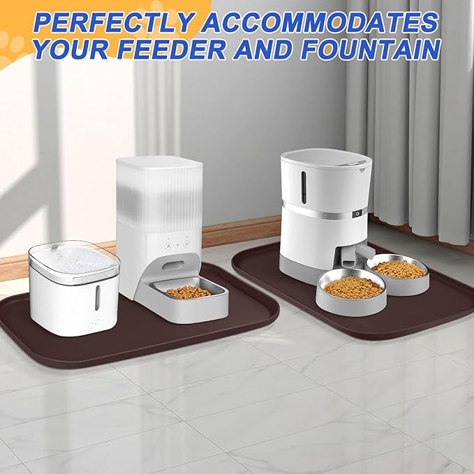 Silicone Pet Feeding Mat with Raised Edge, Dog Cat Bowl Mats for Food and Water, Pet Placemat for Floors Waterproof, 22” x 14” x 0.8” Dark Brown - PAWPICO