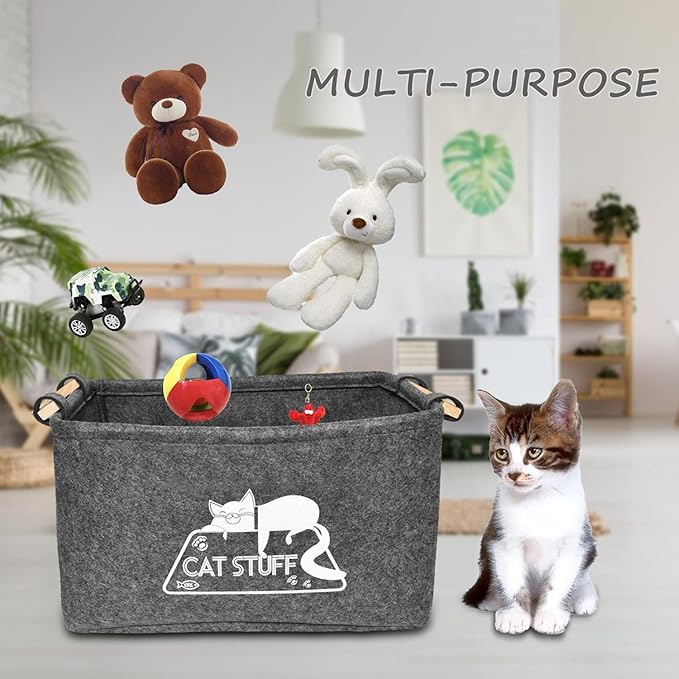 Cat Toy Box, Cat Toy Storage Basket with Handles, Felt Pet Toy Basket Pet Supplies Storage Bin, Perfect for Organizing Cat Toys and Accessories - PAWPICO