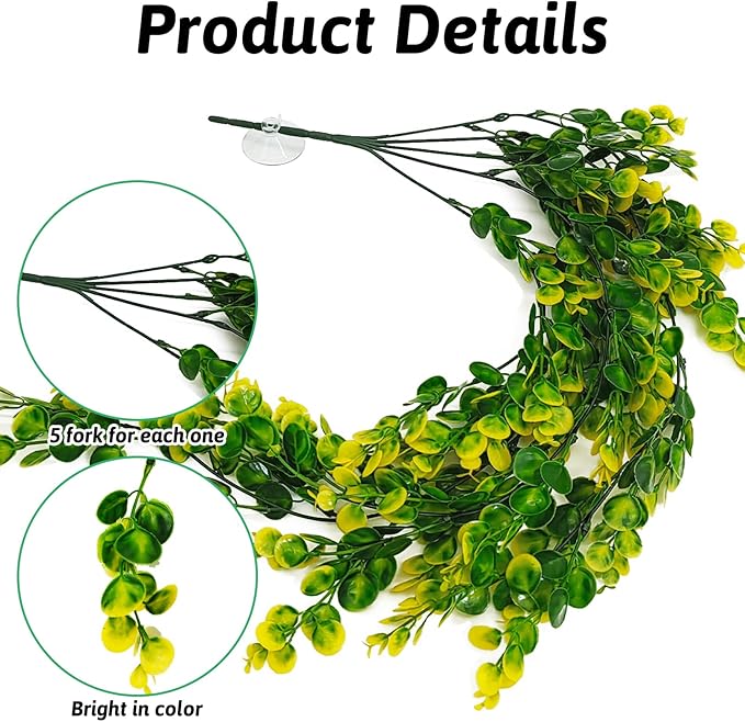Hamiledyi Reptile Plants Hanging Terrarium Plants Artificial Leaves Habitat Decorations with Suction Cup Green and Yellow Fake Amphibian Plants for Bearded Dragon Lizard Geckos Chameleon(2 Pack) Hamiledyi