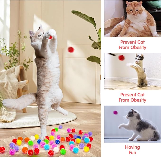 BooTaa Pet Toys, Interactive Cat Toy Set, 80pcs Glitter Pom-Poms Cat Ball Toy with 1 Launcher, Safe Soft Cat Toy Balls for Fetch, Training, Playing - PAWPICO