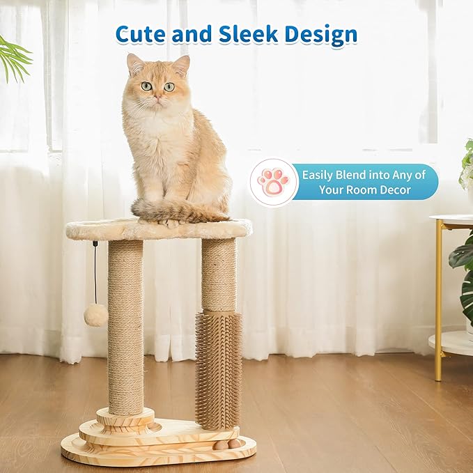 Made4Pets Cat Scratching Post, Cat Self Groomer for Indoor Cats, Cloud Soft Perch for Rest, 17.5" Tall Natural Sisal Scratcher Cat Grooming Interactive Ball Track Toys for Small Cats Kittens - PAWPICO