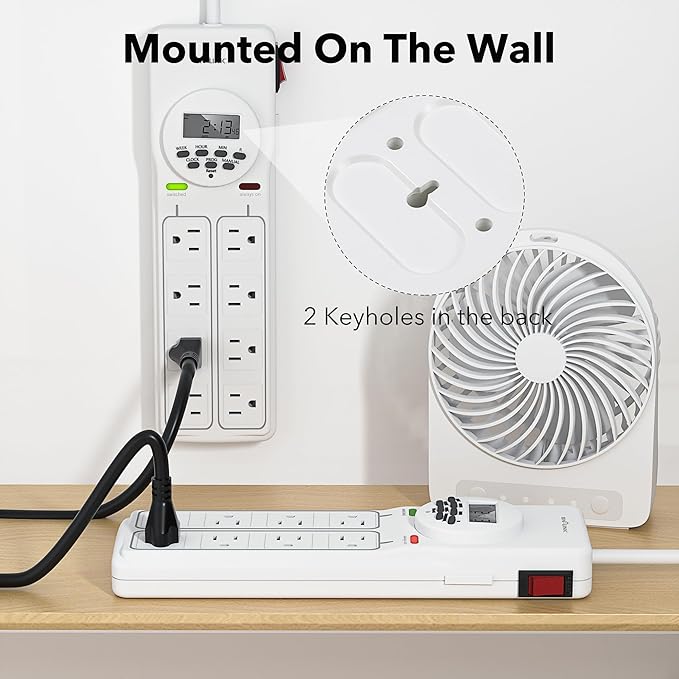 BN-LINK 8 Outlet Surge Protector with 7-Day Digital Timer (4 Outlets Timed, 4 Outlets Always On) - White BN-LINK