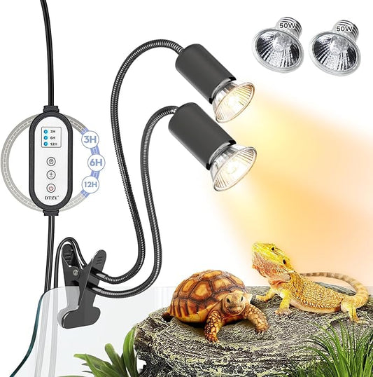 Reptile Heat Lamp, Dual-Head UVA/B Reptile Light with Cycle Timer, Basking Light for Reptile Turtle Bearded Dragon Lizards Snake, E26/27 Base with 4 Bulbs (2PCS 25W and 2PCS 50W) DTZYServiceforYourLife