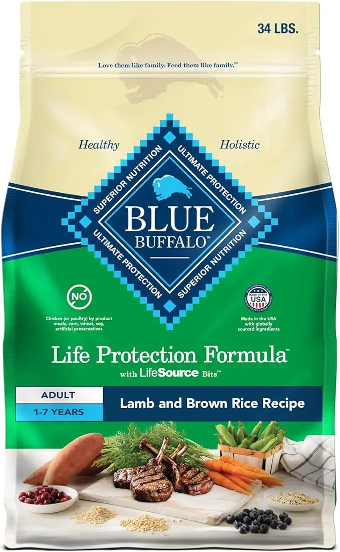 Blue Buffalo Life Protection Formula Adult Dry Dog Food, Helps Build and Maintain Strong Muscles, Made with Natural Ingredients, Lamb & Brown Rice Recipe, 34-lb. Bag - PAWPICO