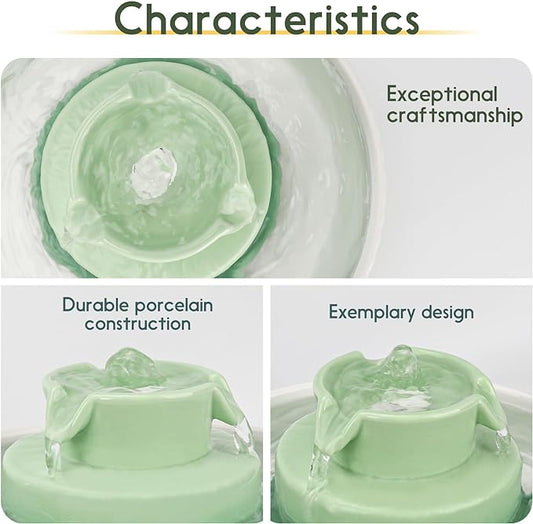 Ceramic Cat Water Fountain, 2.1L/71oz Cat Fountain with 3 Carbon Filters and 2 Water Pumps, Cupcake Pet Water Fountain for Cats and Dogs (Green) - PAWPICO