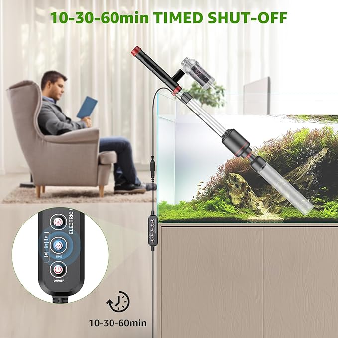 24W Aquarium Vacuum Gravel Cleaner: Electric Fish Tank Cleaner Vacuum with Strong Suction for Automatic Water Change, Algae Cleaner Sand Wash Water Shower and Water Circulation, Timed Off Suness