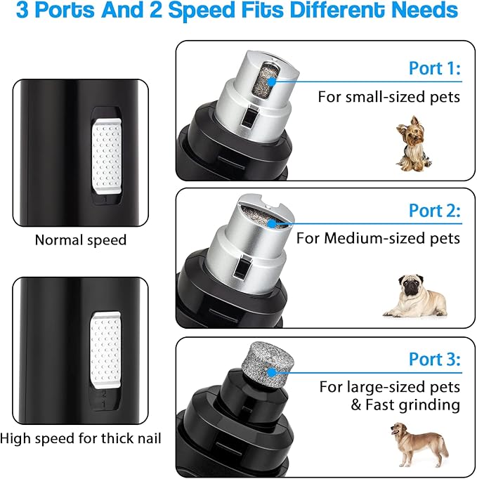 Casfuy Dog Nail Grinder Upgraded - Professional 2-Speed Electric Rechargeable Pet Nail Trimmer Painless Paws Grooming & Smoothing for Small Medium Large Dogs & Cats (Black) - PAWPICO