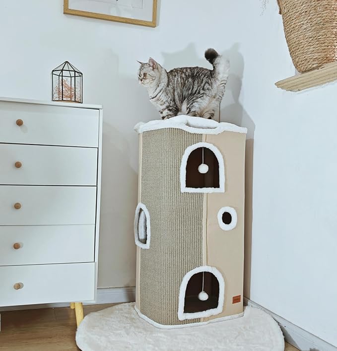 4-Level Cat House for Indoor Cats, Large Adult Cat Peekaboo Cave Bed Cats Cube Houses with Scratch Pad Cat Towers Cute Kitten Condo Hideaway Hut for Multi Pets Under 55 lbs Beige - PAWPICO