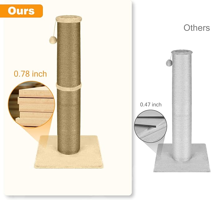 PAWSCRAT Cat Scratching Post 32 Inch High, 5.5 Inch Large Diameter Natural Sisal Cat Scratch Post, Scratch-Resistant and Durable Tall Cat Scratcher for Indoor Cats, Protect Your Furniture, Yellow - PAWPICO