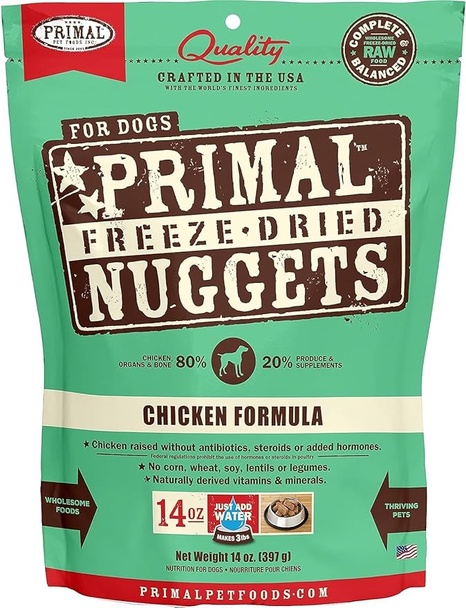 Primal Freeze Dried Dog Food Nuggets, Chicken; Complete Balanced Meal, Topper or Treat; Premium, Healthy, Grain Free, High Protein Raw Dog Food, 14 oz PrimalPetFoods