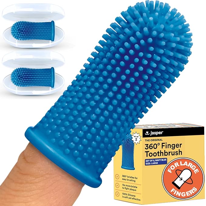Jasper Dog Toothbrush for Large Fingers, 360º Dog Tooth Brushing Kit, Dog Teeth Cleaning, Dog Finger Toothbrush for Medium & Large Pets, Use with Dog Toothpaste, 2-Pack Navy-Blue Large JASPER%C2%AE