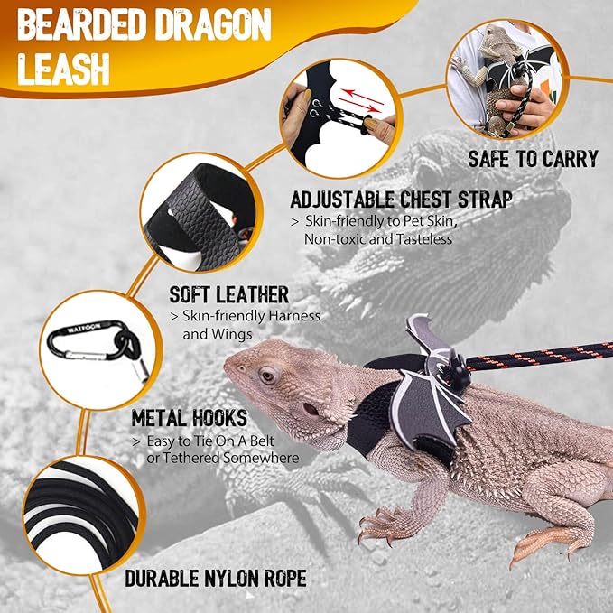 WATFOON Adjustable Lizard Leash Bearded Dragon Harness Leather Cool Wings Training Leashes Reptile Carrier Bearded Dragon Sling Carrier (Black, Leash + Grey Sling) WATFOONpets