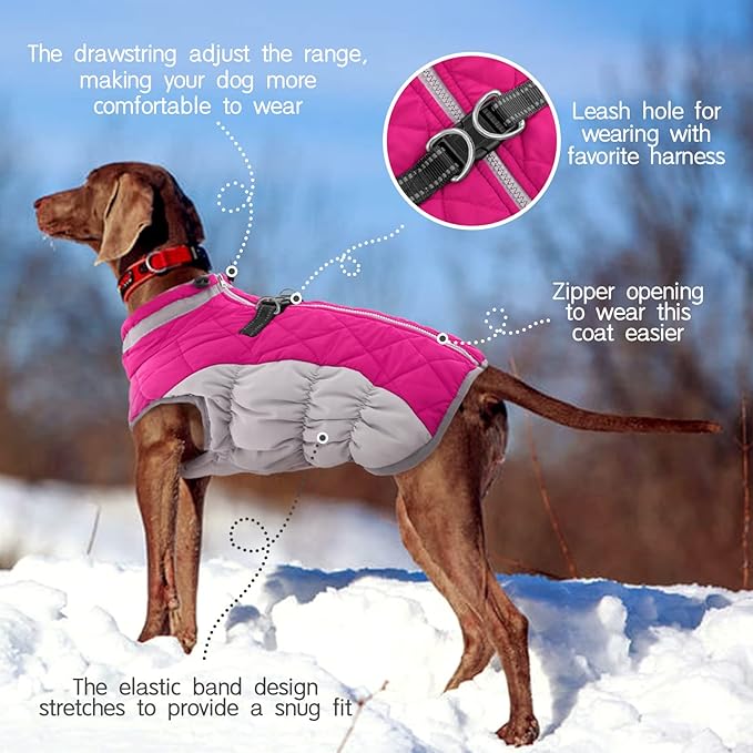 FUAMEY Dog Coat,Warm Dog Jacket Winter Coat Paded Dog Fleece Vest Reflective Dog Cold Weather Coats with Built in Harness Waterproof Windproof Dog Snow Jacket Clothes with Zipper Rose Red X-Small - PAWPICO