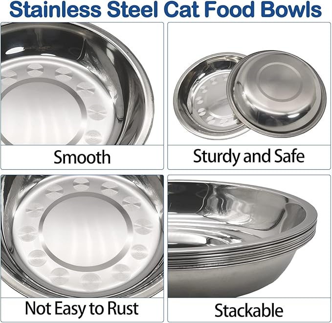 kathson 8 Pcs Stainless Steel Cat Food Bowls, Replacement Whisker Relief Cat Metal Dishes, Shallow Wide Cat&Dog Food and Water Bowl Suitable for Pet Feeding Stand, Dishwasher Safe (7.00 Inch Dia.) - PAWPICO