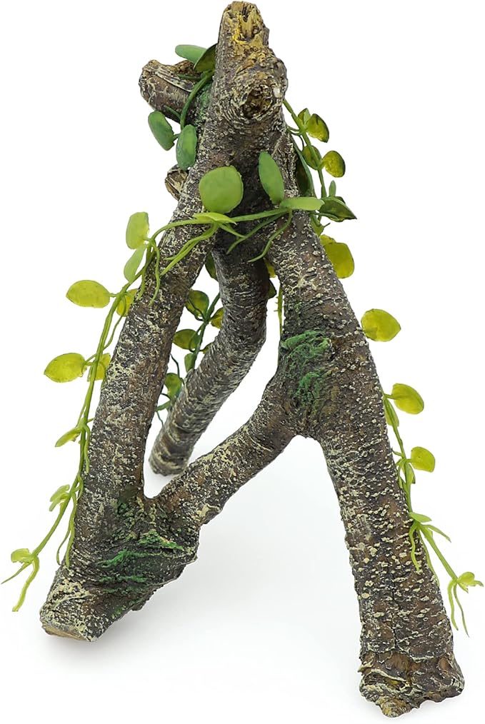 AQUA KT Reptile Corner Branch with Green Leaves Terrarium Desert Habitat Decoration for Lizard Snake Bearded Dragon Chameleon Hermit Crab Leopard Gecko Amphibian Climbing AQUAKT