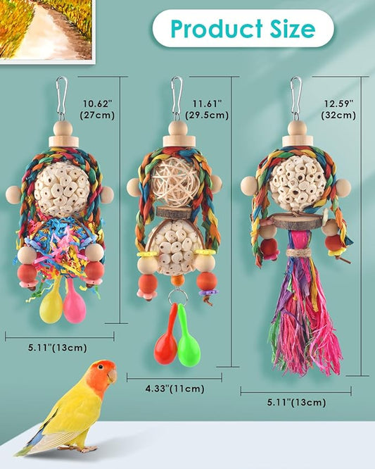 Bissap Conure Toys, 3PCS Bird Parrot Foraging Shredder Hanging Toys Sola Balls with Sand Hammer for Small Parrots Parakeets Conures Cockatiels Love Birds Cage Toy Bissap