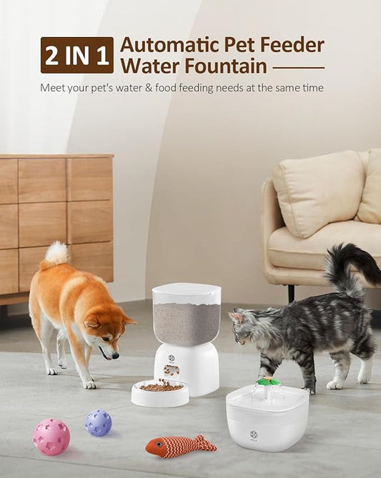Automatic Cat Feeder and Water Dispenser Set with Pet Food Bowl Timer, Dual Power Supply, Programmable Portion Size, Auto Pet Feeder for Cats and Small Dogs, Voice Recorder, White - PAWPICO