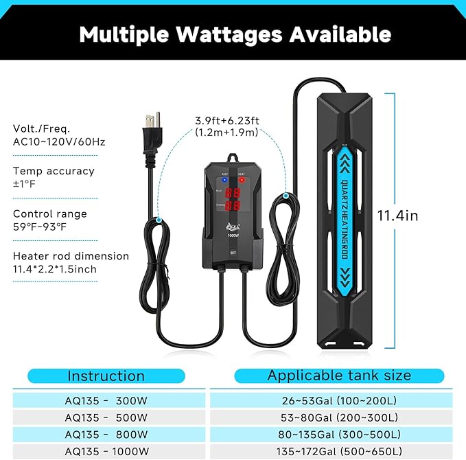 AQQA Aquarium Heater, 300W/500W/800W/1000W Submersible Fish Tank Heater with Rapid Heating Quartz Tubes and Precise Dual Digital Display Controller for Up to 200 Gallon Seawater Freshwater Fish Tank AQQA
