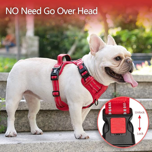 PoyPet No Pull Dog Harness, No Choke Reflective Dog Vest, Adjustable Pet Harnesses with Easy Control Padded Handle for Small Medium Large Dogs(Red Matching Trim,S) PoyPet