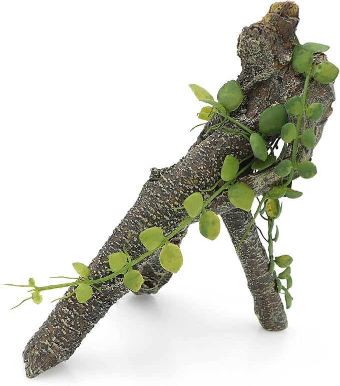 AQUA KT Reptile Corner Branch with Green Leaves Terrarium Desert Habitat Decoration for Lizard Snake Bearded Dragon Chameleon Hermit Crab Leopard Gecko Amphibian Climbing AQUAKT