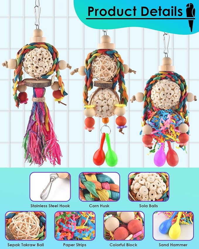 Bissap Conure Toys, 3PCS Bird Parrot Foraging Shredder Hanging Toys Sola Balls with Sand Hammer for Small Parrots Parakeets Conures Cockatiels Love Birds Cage Toy Bissap