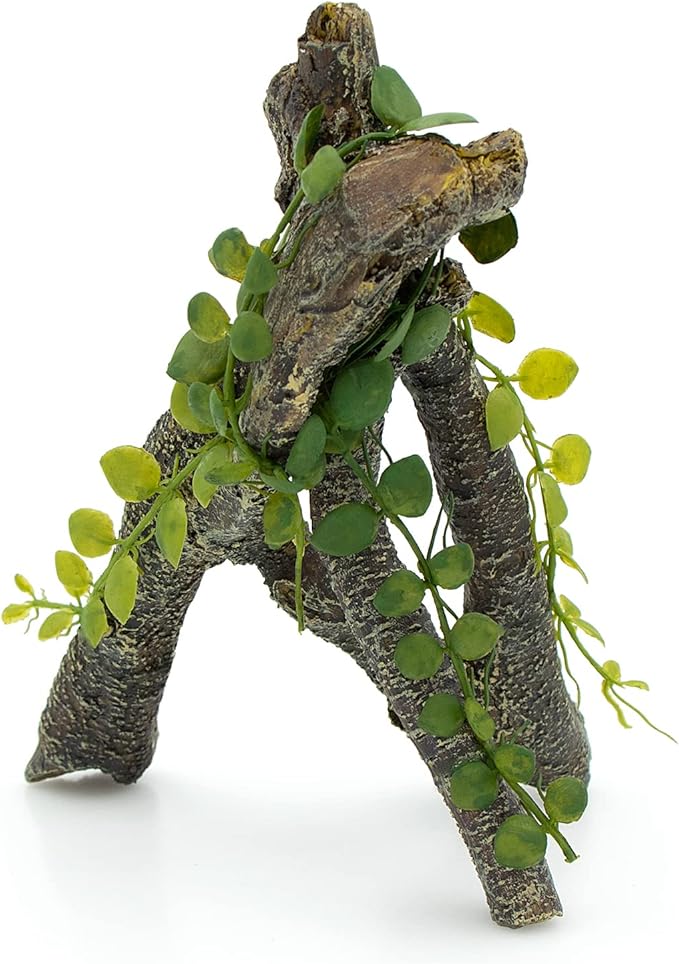 AQUA KT Reptile Corner Branch with Green Leaves Terrarium Desert Habitat Decoration for Lizard Snake Bearded Dragon Chameleon Hermit Crab Leopard Gecko Amphibian Climbing AQUAKT