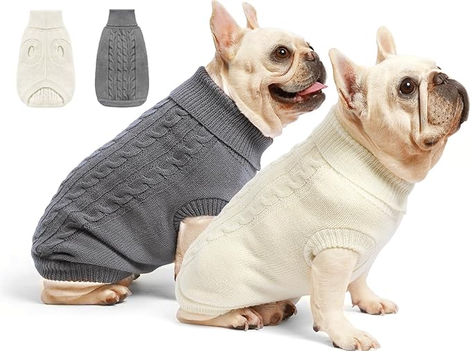 2 Pack Dog Sweaters for Small Dogs - Puppy Medium/Large Warm Clothes in Winter, Turtleneck Pullover Design for Boy Girl Pet, Doggie, Cat, Kitten Chihuahua Bulldog Pug Beagles (L, Grey, Beige) - PAWPICO