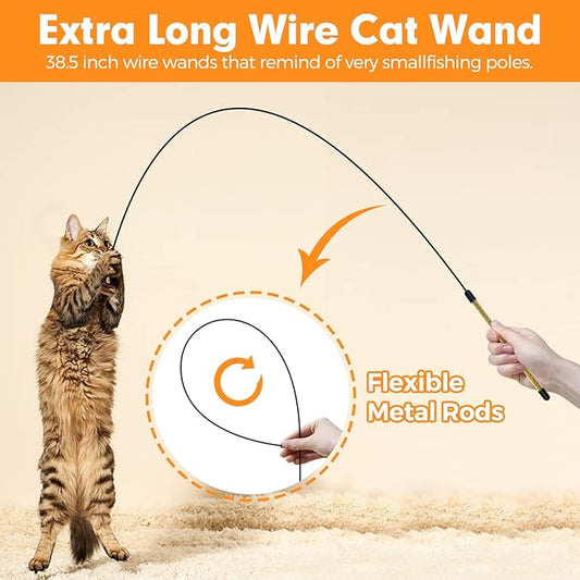 Cat Wand Toy, Cat Feather Toys with Silvervine & Bells, 2 * Cat Teaser Wand & 6 * Teaser Refills, Extra Long 38.5" Wire Cat Wand, Cat Toy for Indoor Cats & Kitten & Kitty - PAWPICO