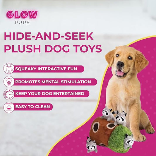 Raccoon in Tree Hide and Seek Dog Toy for Small and Medium Size Dogs, Plush Raccoon Inside Trunk Dog Toy with Squeaker, Interactive Burrow Dog Toy (Tree with Raccoons, Small) - PAWPICO