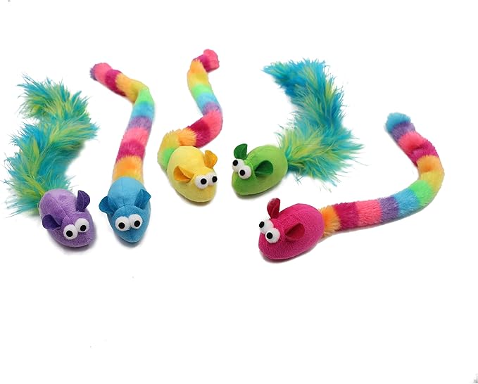 5 Pack Interactive Catnip and Feather Cat Toys, Multi-Colored Mice with Long Feather Tail, Accessories for Indoor Cat, Catnip Plush Toys with Natural Feathers and Rattles - PAWPICO