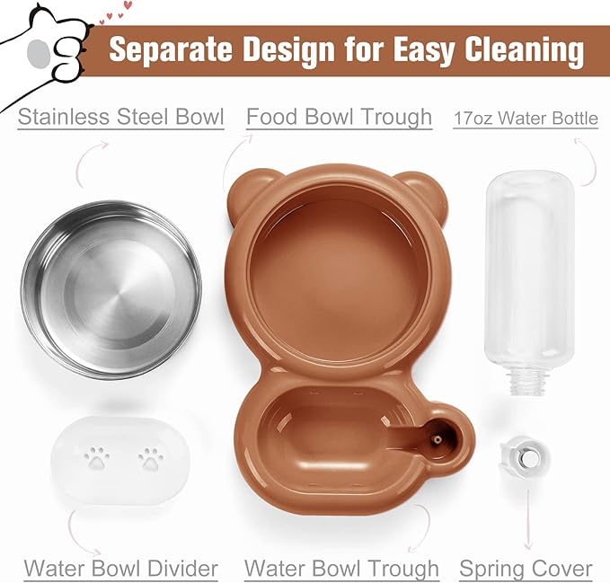 Dog Bowls, Cat Food and Water Bowl Set with Water Dispenser and Stainless Steel Bowl for Cats and Small Dogs - Brown - PAWPICO