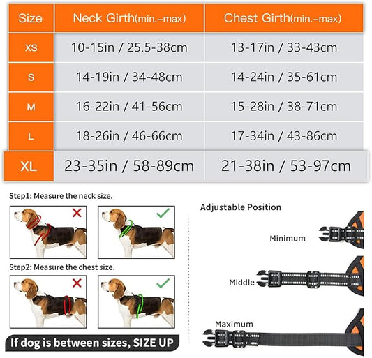 Timos Dog Harness Large Sized, No Pull Dog Harness with Neck Lockable Snap,No Choke Front Clip Dog Reflective Harness,Adjustable Metal Rings 3 Buckles,Easy Control Handle for Large Dogs Orange XL Timos