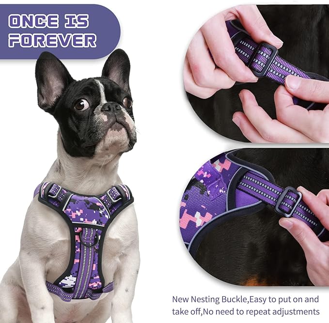 No Pull Dog Harness for Large Dogs, Adjustable No Choke Pet Vest with Dog Leash Fit Smart Reflective Pet Walking Harness for Training Easy Control Soft Handle Purple Camo L BUMBIN