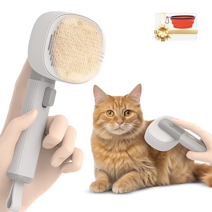 BARFI Pet Brush - Self-Cleaning Pet, Cat, Dog Shedding Brush - Multi-Functional Grooming Tool with Negative Ion Technology, Vibrating Massager, Wood's Lamp (Gray) - Free Pet Bowl - PAWPICO