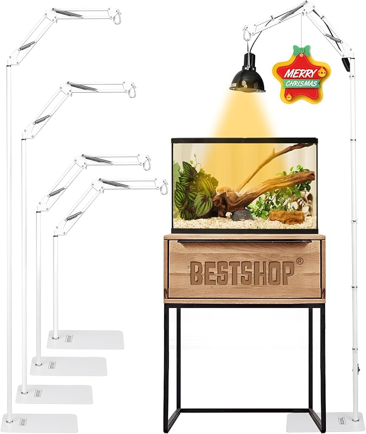Reptile Lamp Stand, Heat Lamp Stand (15.7 to 74.3 inch) with Adjustable 360° Swing Arm for Terrarium, Reptile Heat Lamp Stand for Bearded Dragons, Turtles, and Chameleons (White) BESTSHOP