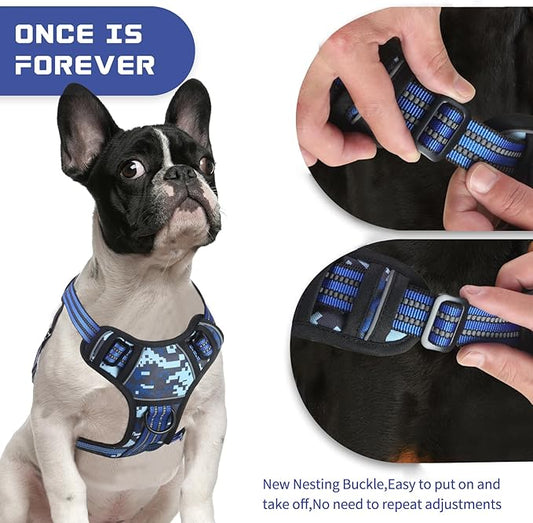 BUMBIN Dog Harness for Large Dogs, No Pull Adjustable No Choke Pet Vest with Dog Leash Fit Smart Reflective Pet Walking Harness for Training Easy Control Soft Handle Blue Camo L BUMBIN
